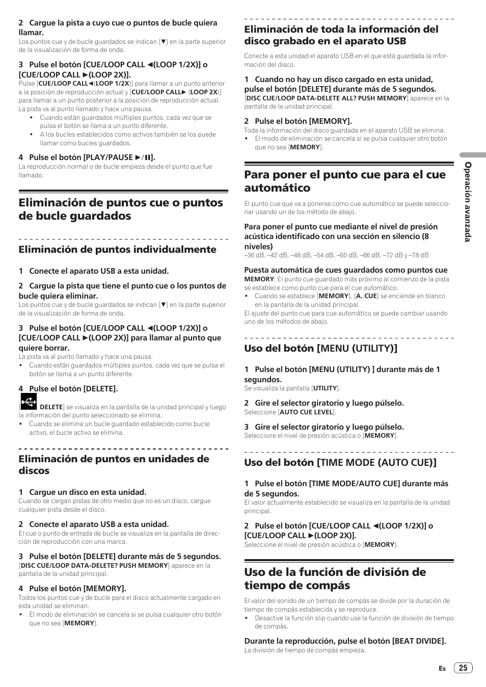 Para poner el punto cue para el cue automático, Uso de la función de división de tiempo de compás, Eliminación de puntos individualmente | Eliminación de puntos en unidades de discos, Uso del botón [menu (utility), Uso del botón [time mode (auto cue) | Pioneer CDJ-900NXS Manual del usuario | Página 25 / 41