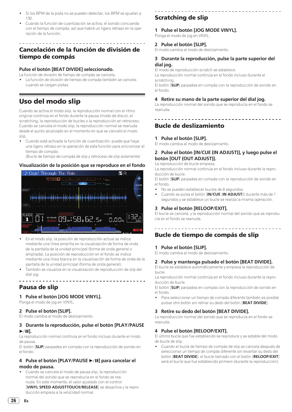 Uso del modo slip, Pausa de slip, Scratching de slip | Bucle de deslizamiento, Bucle de tiempo de compás de slip | Pioneer CDJ-900NXS Manual del usuario | Página 26 / 41