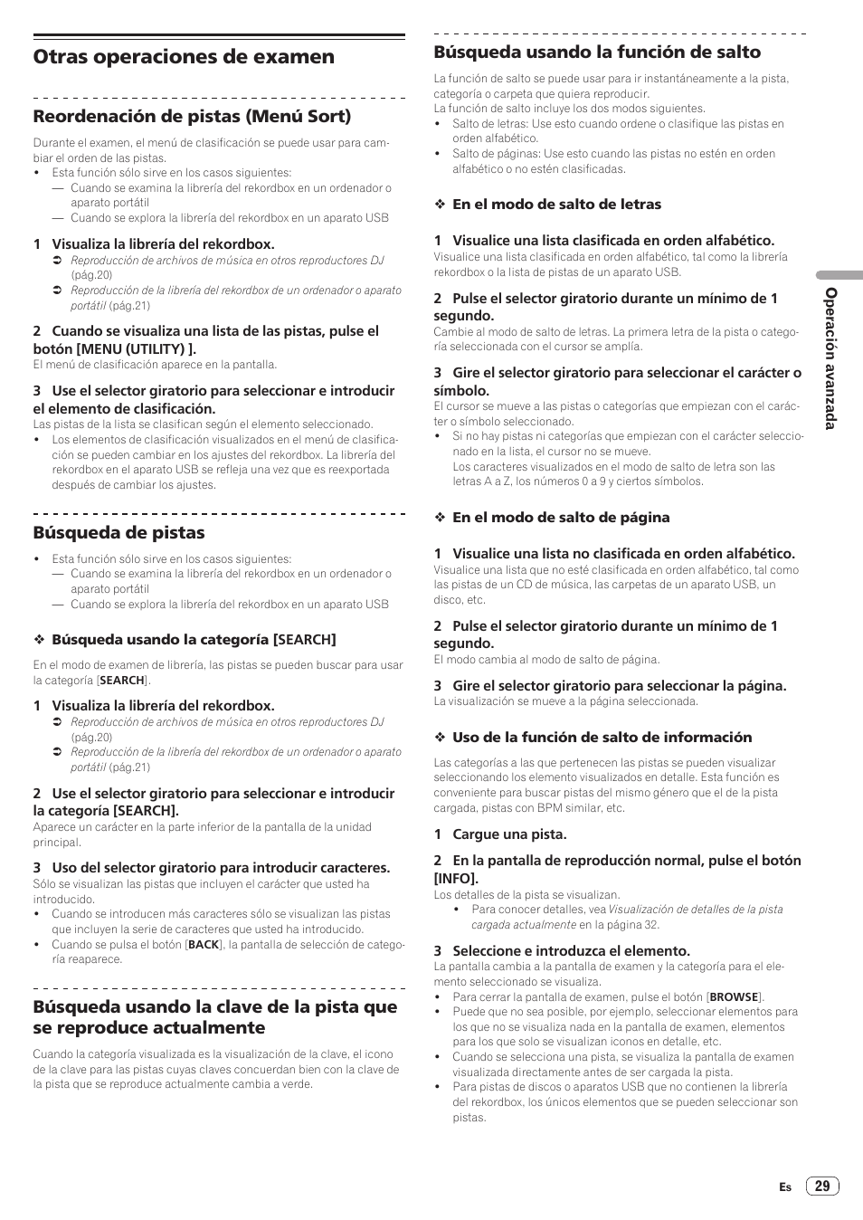 Otras operaciones de examen, Reordenación de pistas (menú sort), Búsqueda de pistas | Búsqueda usando la función de salto | Pioneer CDJ-900NXS Manual del usuario | Página 29 / 41