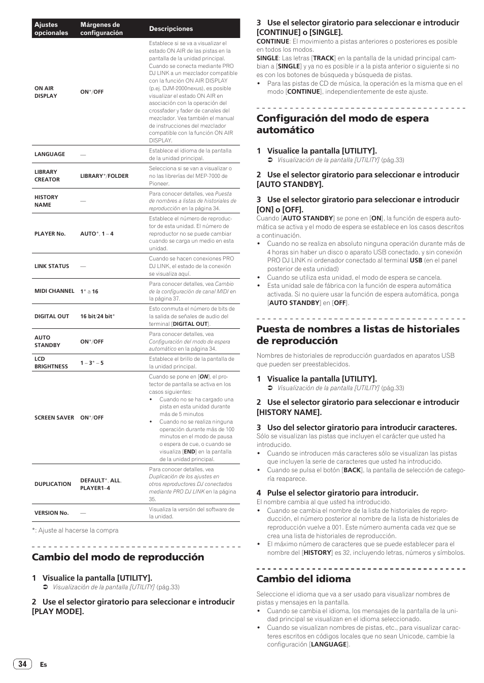 Cambio del modo de reproducción, Configuración del modo de espera automático, Cambio del idioma | Pioneer CDJ-900NXS Manual del usuario | Página 34 / 41