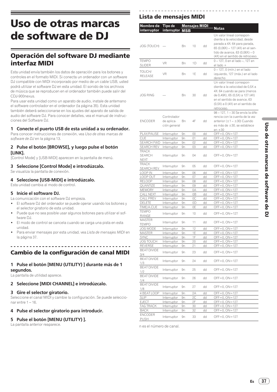 Uso de otras marcas de software de dj, Operación del software dj mediante interfaz midi, Cambio de la configuración de canal midi | Lista de mensajes midi, 37 uso de otras marcas de software de dj | Pioneer CDJ-900NXS Manual del usuario | Página 37 / 41