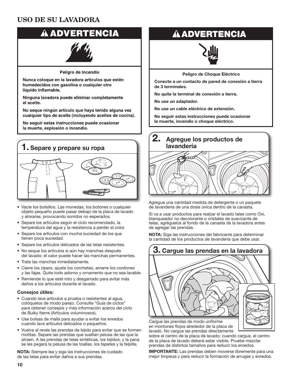Advertencia, Uso de su lavadora, Separe y prepare su ropa, Whirlpool  WTW8900BC Manual del usuario, Página 10 / 24
