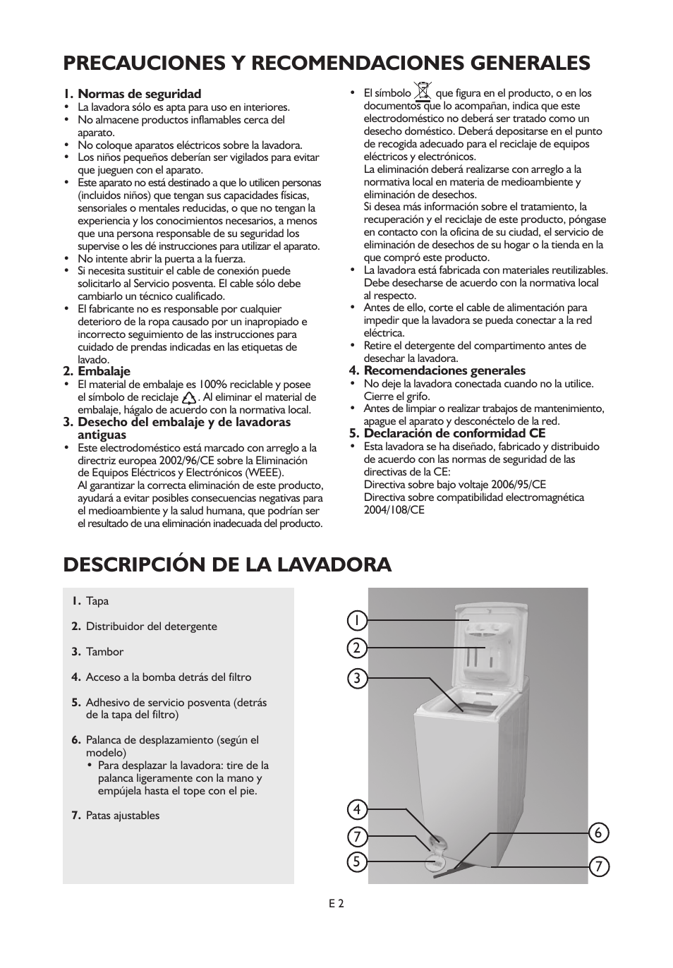 Precauciones y recomendaciones generales, Descripción de la lavadora | Whirlpool AWE 7621 Manual del usuario | Página / 14 | Original