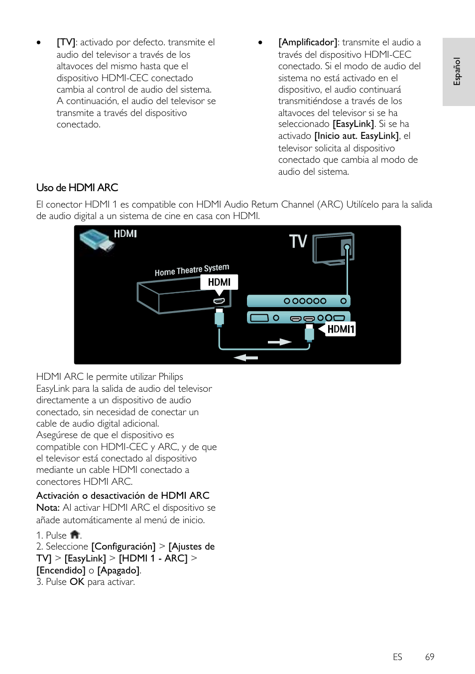 idiota Engañoso transatlántico Uso de hdmi arc | Philips TV LCD Manual del usuario | Página 69 / 83