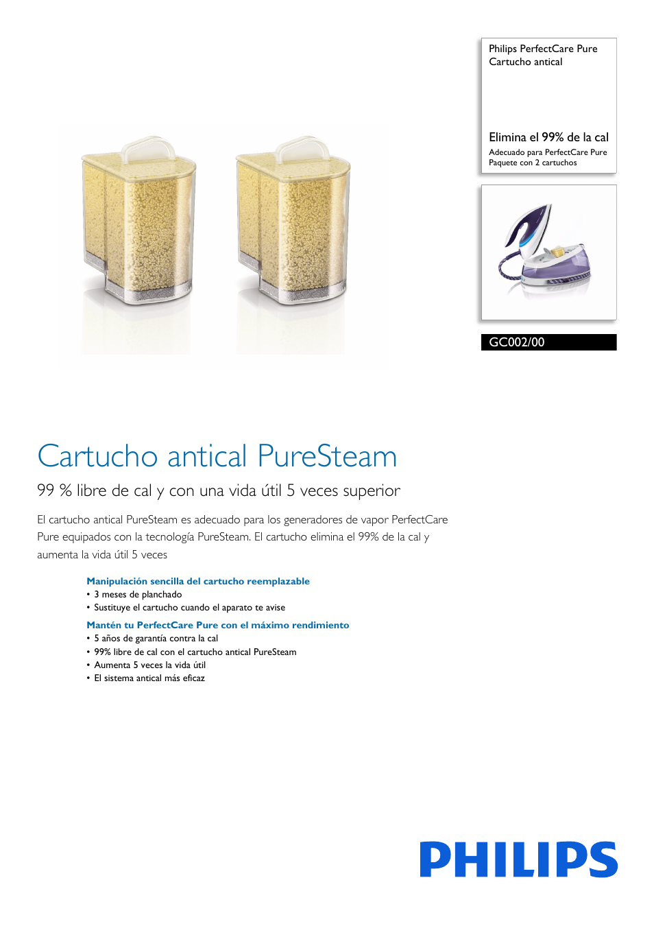 Cartucho antical PerfectCare Pure paquete con 2 cartuchos Philips GC002/00 elimina el 99% de la cal 