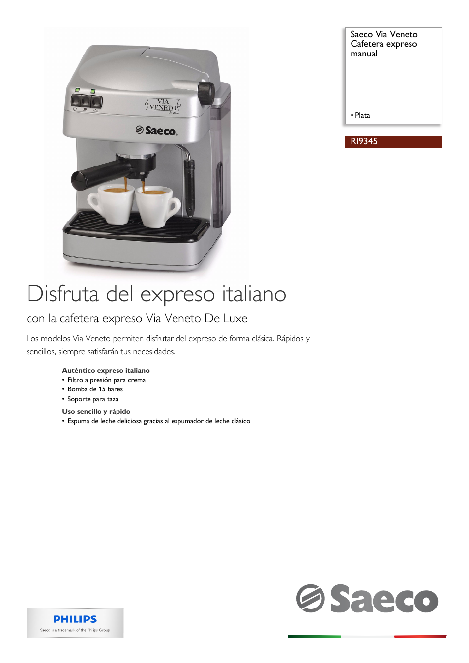guión loto Inactivo Philips Saeco Via Veneto Cafetera expreso manual Manual del usuario |  Páginas: 2