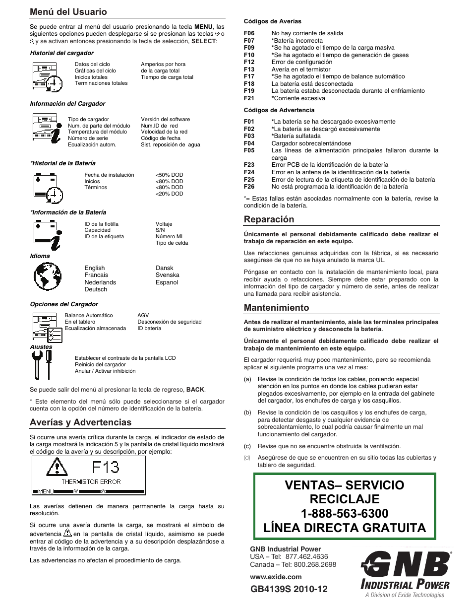 Menú usuario, Averías Reparación | Technologies GB4139S Manual del usuario | Página 3 / 3