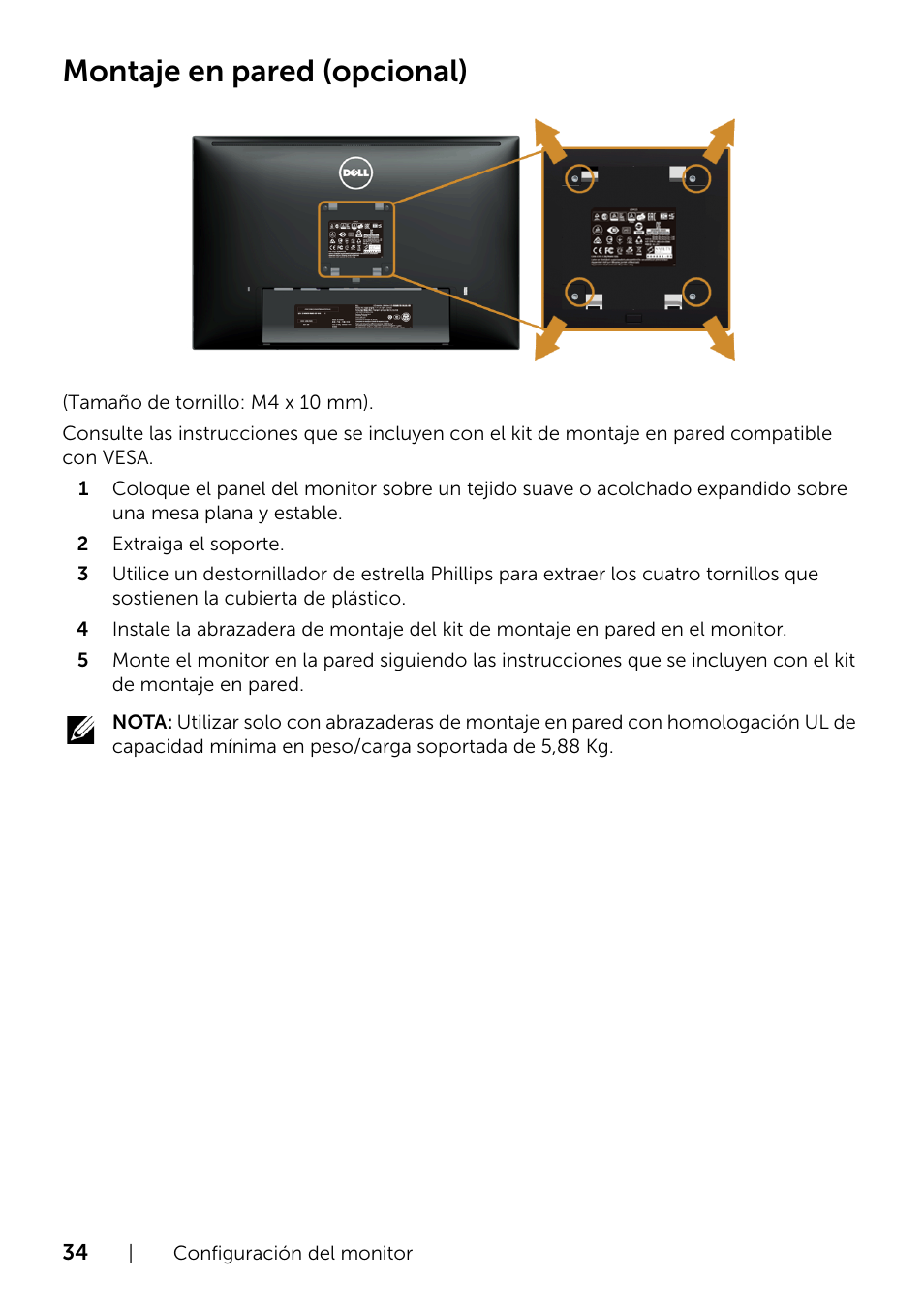 Montaje en pared (opcional) | Dell U2415 Monitor Manual del usuario | Página 34 / 67