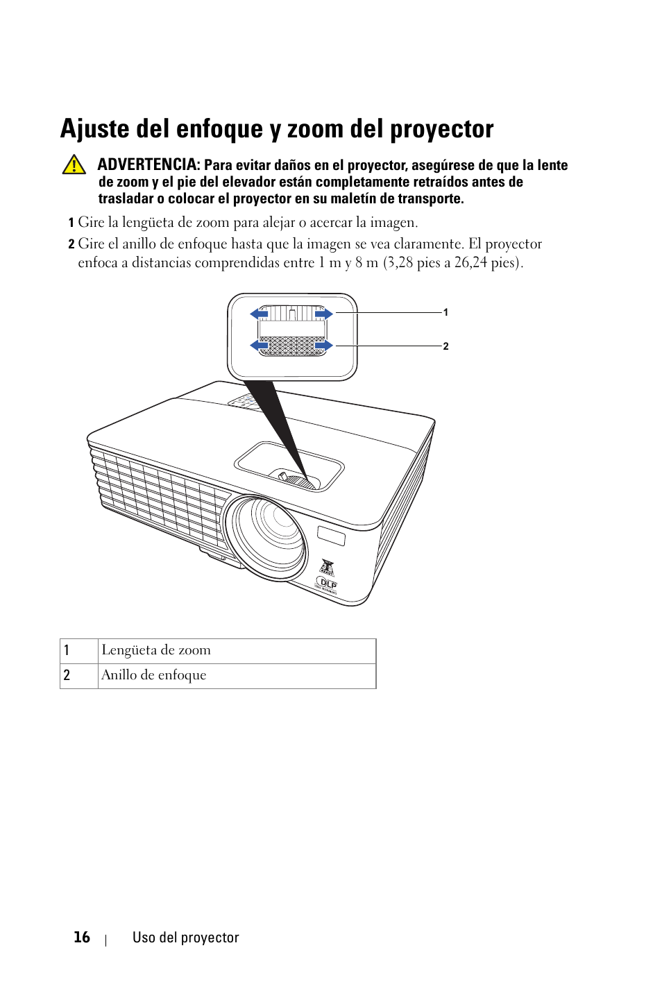 Ajuste del enfoque y zoom del proyector | Dell 1430X Projector Manual del usuario | Página 16 / 63