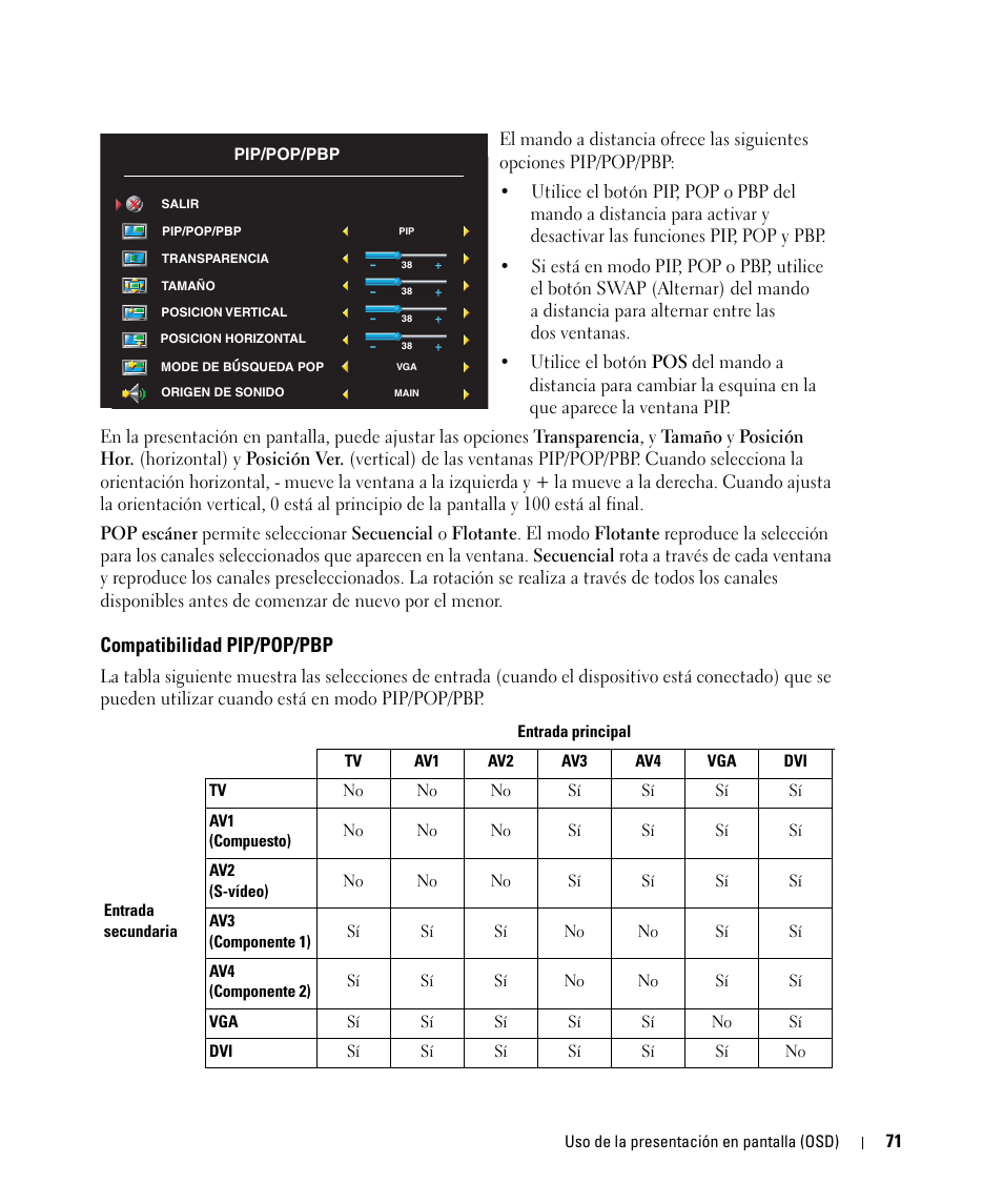 Compatibilidad pip/pop/pbp | Dell W1900 Manual del usuario | Página 27 / 46