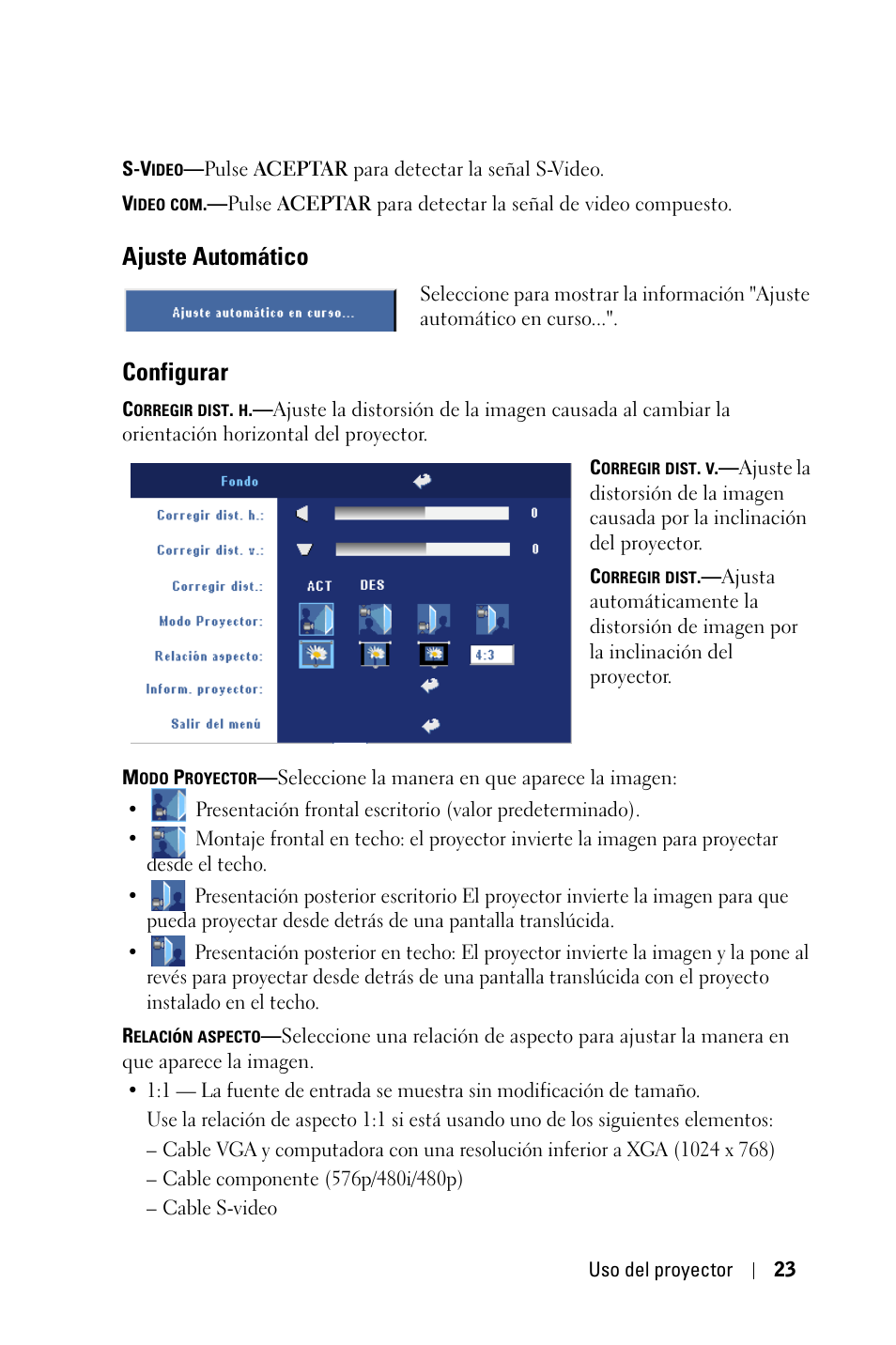 Ajuste automático, Configurar | Dell 2400MP Projector Manual del usuario | Página 23 / 50