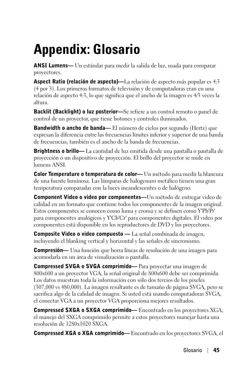 Appendix: glosario | Dell 2400MP Projector Manual del usuario | Página 45 / 50