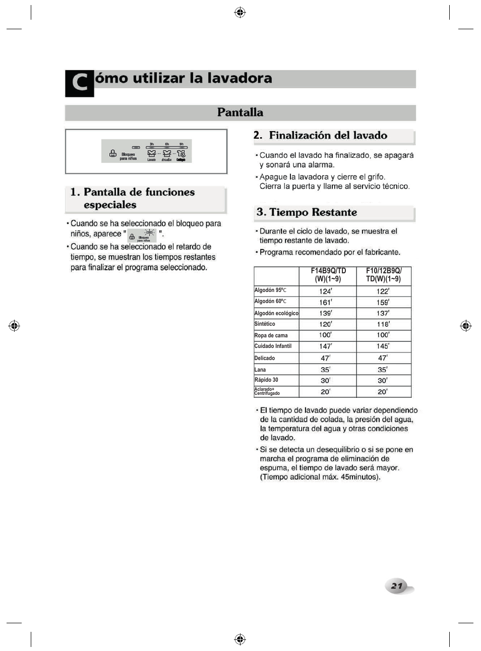 de funciones especiales, Tiempo restante, Ómo utilizar la lavadora LG F10B9QDW Manual del usuario | Página / 36 | Original