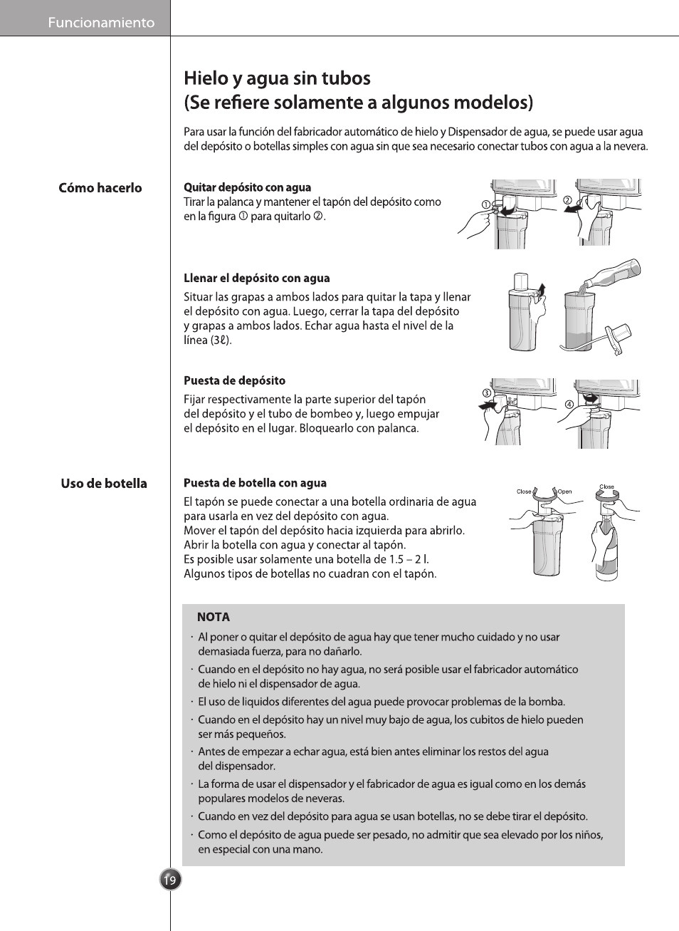 Cómo hacerlo, Uso de botella, Hielo y agua sin tubos | Se refiere solamente a algunos modelos), Quitar depósito con agua, Lienar ei depósito con agua, Puesta de depósito, Puesta de boteiia con agua, Nota | LG GRB2376EXR Manual del usuario | Página 19 / 36