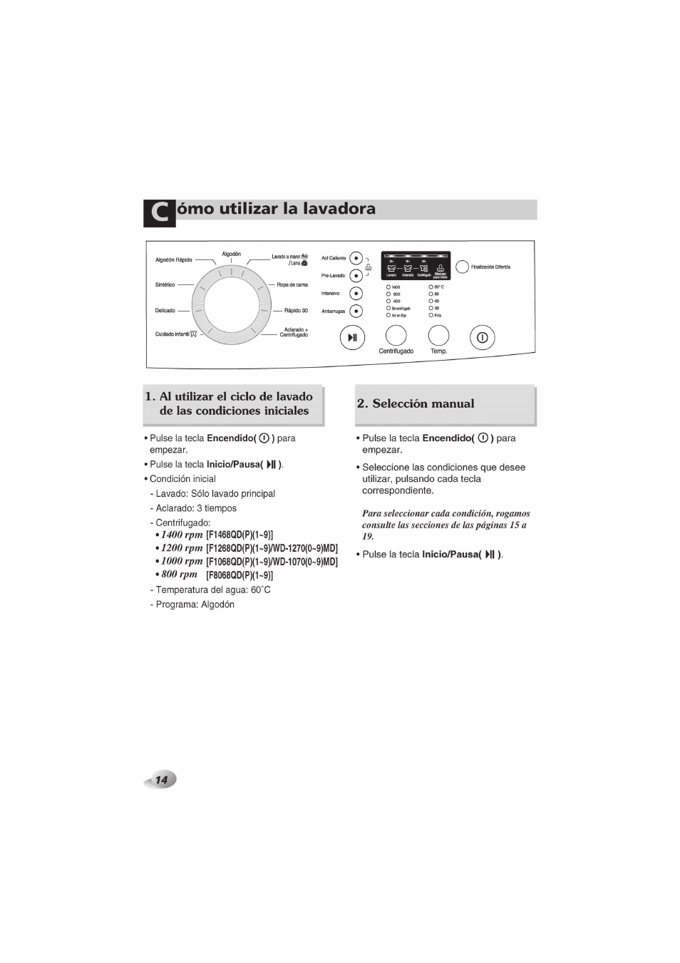 Ómo utilizar la lavadora | LG WD-10700MD del usuario | Página 14 / 32