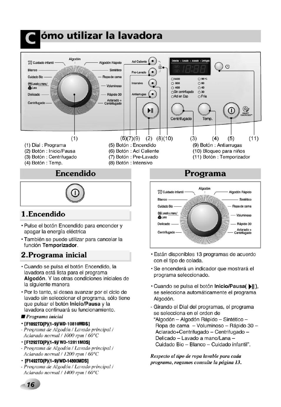 léxico paciente Congelar Encendido, Programa inicial, Ómo utilizar la lavadora | LG WD-10810MDS  Manual del usuario | Página 16 / 36