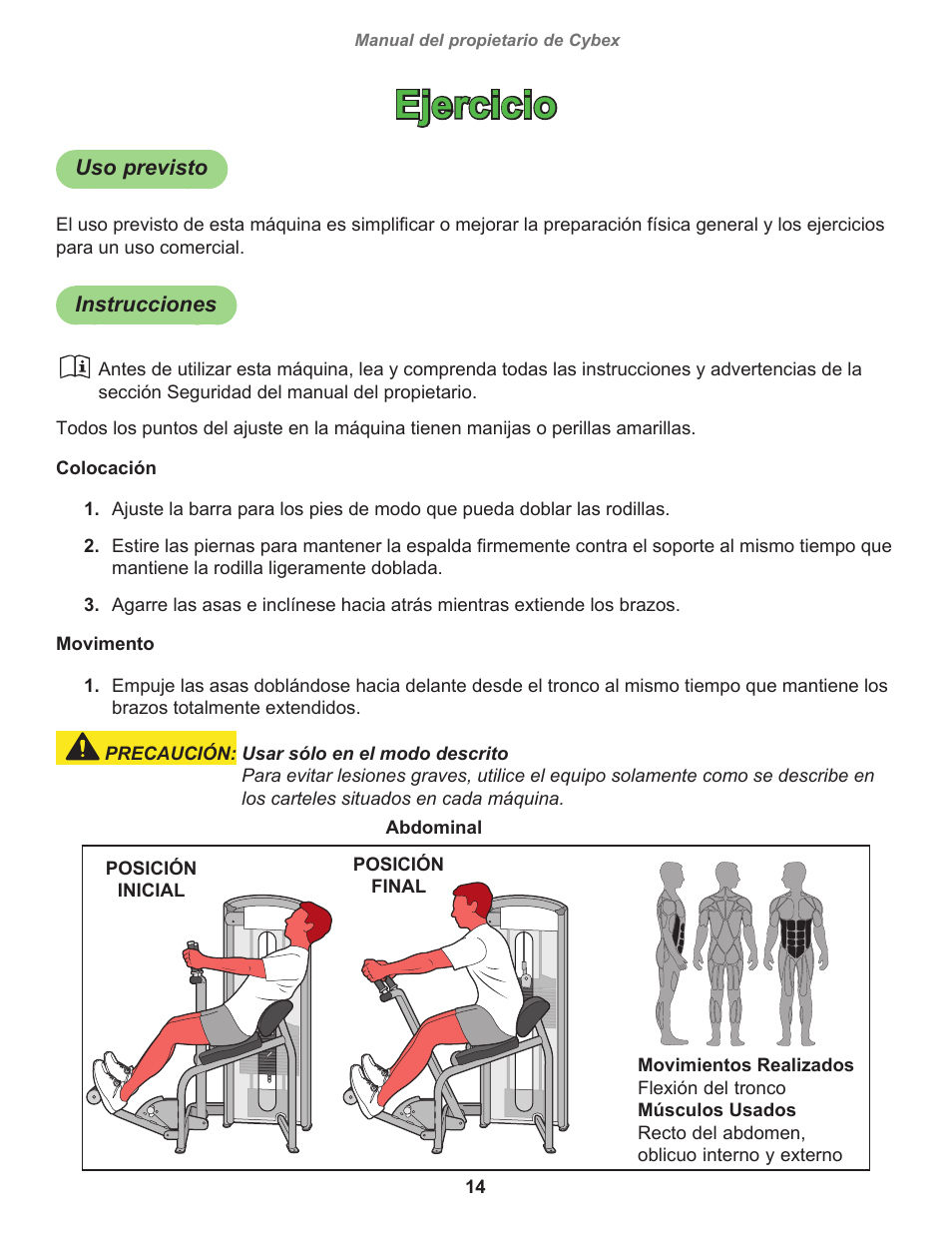 Ejercicio Uso Previsto Instrucciones Cybex 190 Vr3 Abdominal Manual Del Usuario Pagina 14 28 Original