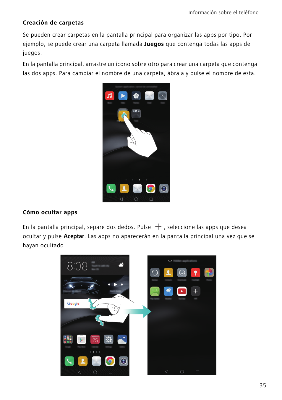 mudo odio enviar Creación de carpetas, Cómo ocultar apps | Huawei Mate 8 Manual del usuario  | Página 42 / 186