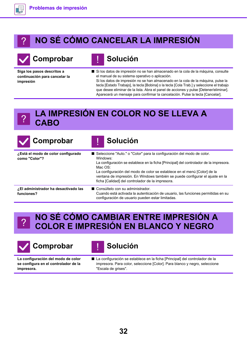 No sé cómo cancelar la impresión, La impresión en color no se, Lleva a cabo | Está el modo de color configurado como "color, El administrador ha desactivado las funciones, No sé cómo cambiar entre, Impresión a color e, Impresión en blanco y negro, Impresora, La impresión en color no se lleva a cabo | Sharp MX-6070N Manual del usuario | Página 32 / 60
