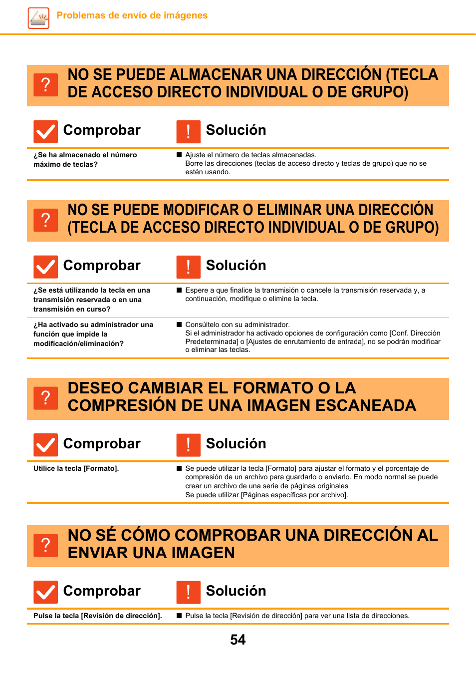 Se ha almacenado el número máximo de teclas, No se puede modificar o, Eliminar una dirección (tecla | De acceso directo individual, O de grupo), Transmisión en curso, Modificación/eliminación, Utilice la tecla [formato, Pulse la tecla [revisión de dirección | Sharp MX-6070N Manual del usuario | Página 54 / 60