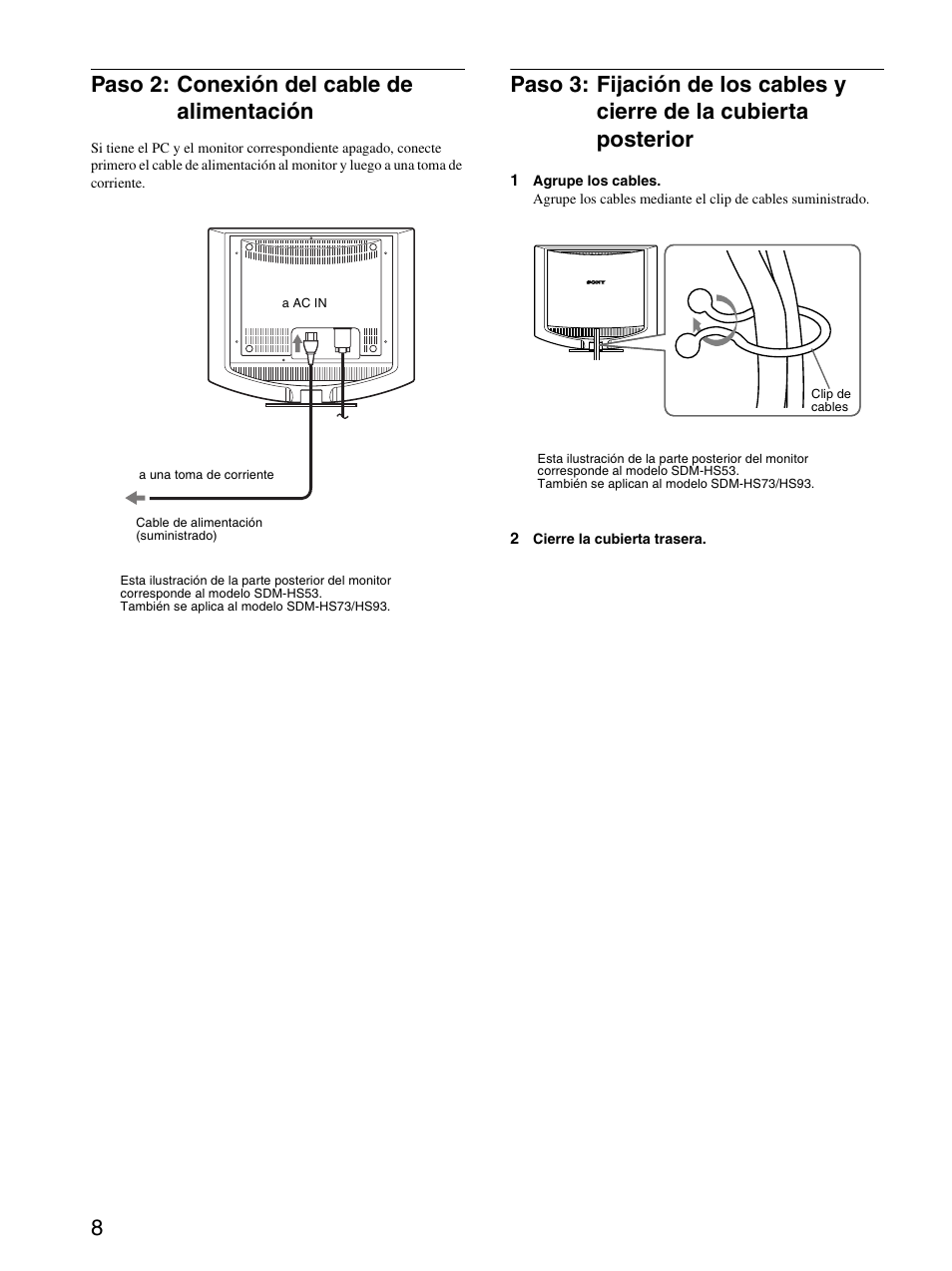 Paso 2: conexión del cable de alimentación, 8paso 2: conexión del cable de alimentación | Sony SDM-HS73 Manual del usuario | Página 10 / 21