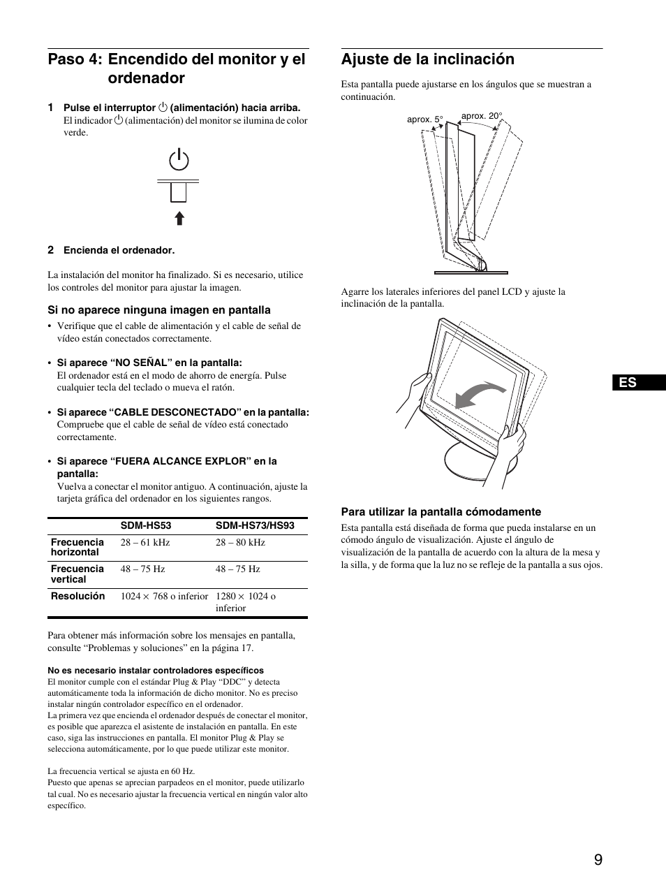 Paso 4: encendido del monitor y el ordenador, Ajuste de la inclinación | Sony SDM-HS73 Manual del usuario | Página 11 / 21