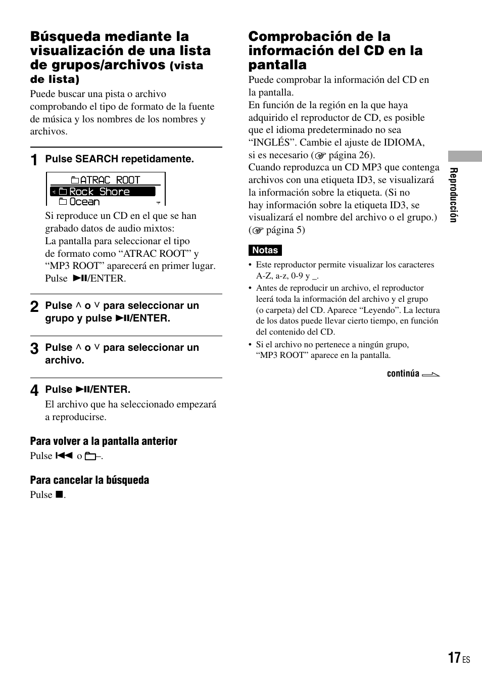 Búsqueda mediante la visualización, De una lista de grupos/archivos, Vista de lista) | Comprobación de la información del, Cd en la pantalla | Sony ATRAC CD WALKMAN NE320 Manual del usuario | Página 17 / 99