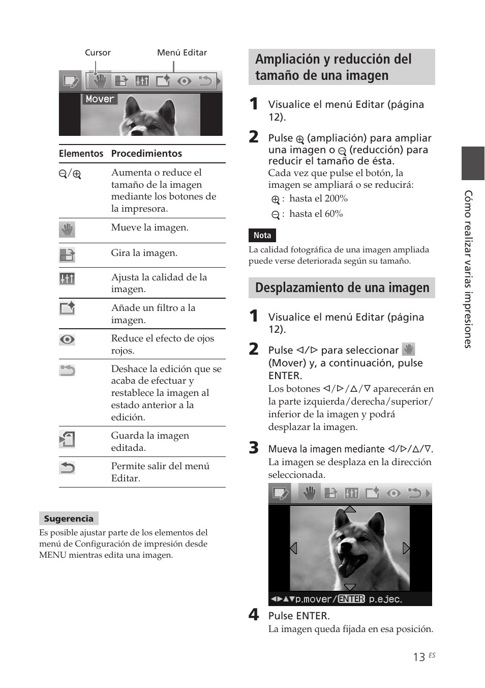 Ampliación y reducción del tamaño de una imagen, Desplazamiento de una imagen | Sony DPP-FP70 Manual del usuario | Página 13 / 84