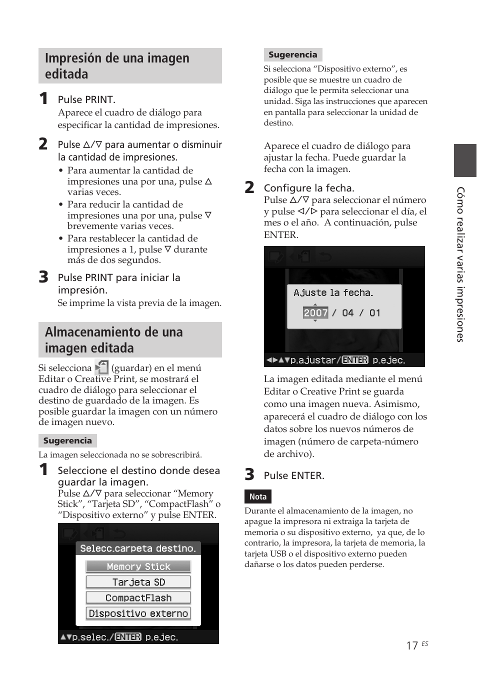 Impresión de una imagen editada, Almacenamiento de una imagen editada | Sony DPP-FP70 Manual del usuario | Página 17 / 84