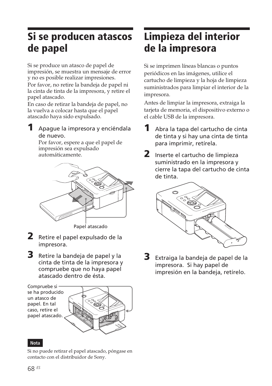 Si se producen atascos de papel, Limpieza del interior de la impresora | Sony DPP-FP70 Manual del usuario | Página 68 / 84