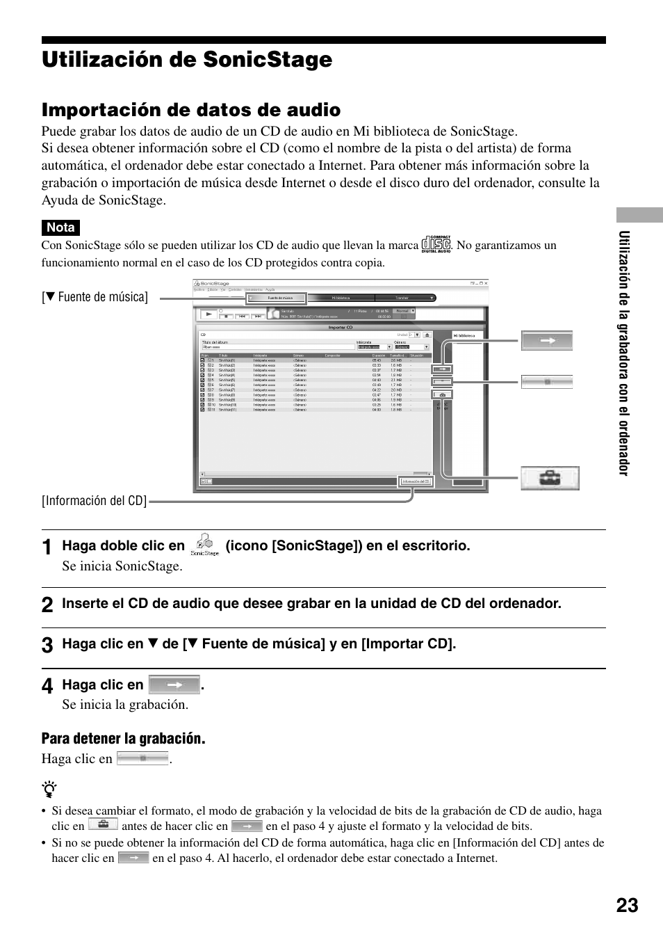 Utilización de sonicstage, Importación de datos de audio | Sony WALKMAN MZ-RH1 Manual del usuario | Página 23 / 88
