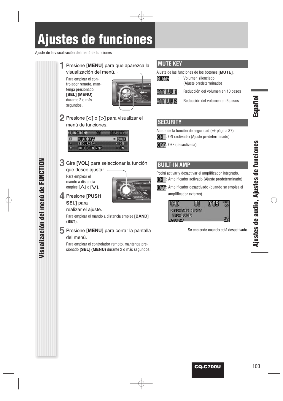 Ajustes de funciones (ajuste de seguridad, etc.), Ajustes de funciones, Español | Panasonic CQ-C700U Manual del usuario | Página 27 / 38