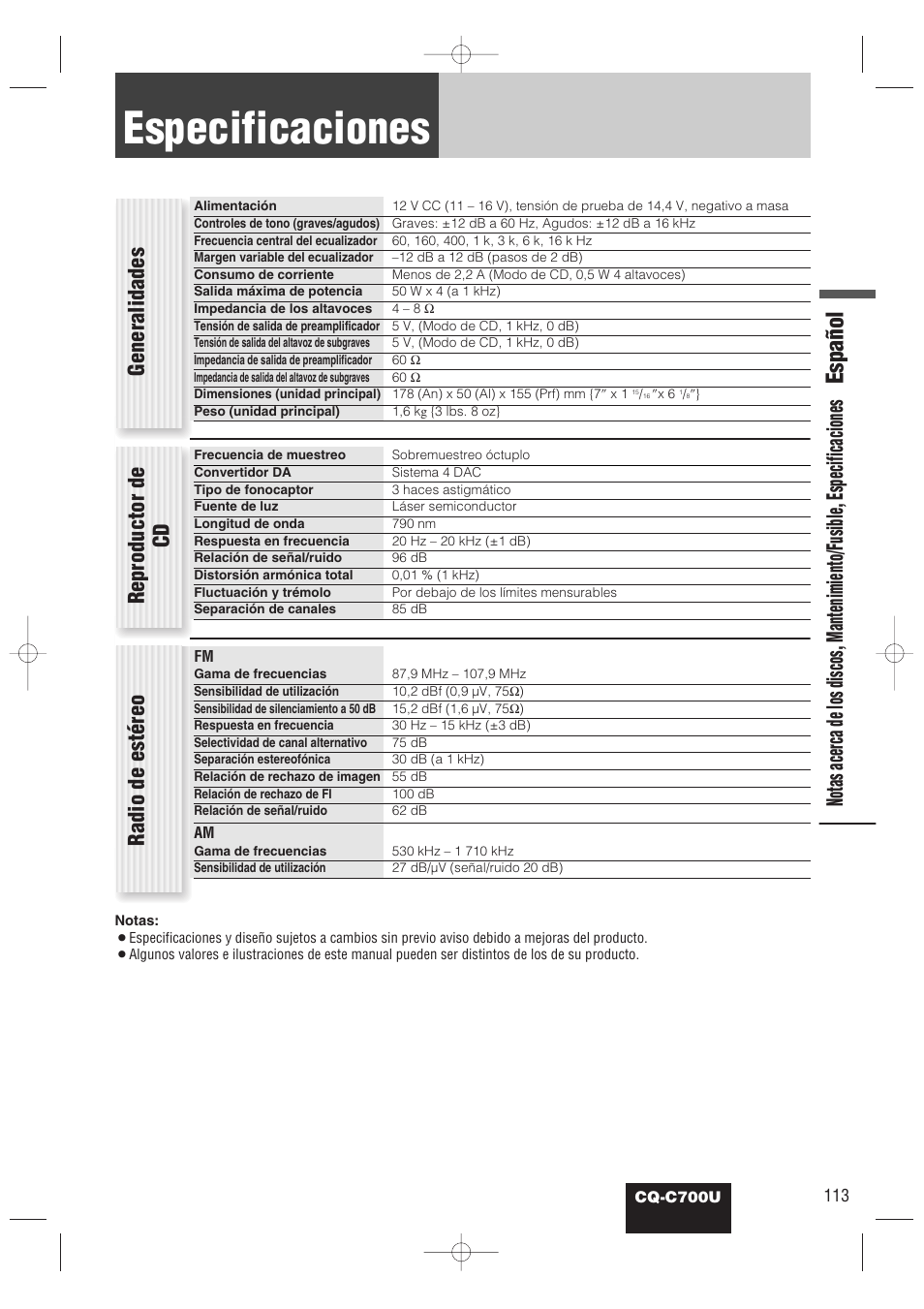 Especificaciones, Español, Reproductor de cd radio de estéreo | Generalidades | Panasonic CQ-C700U Manual del usuario | Página 37 / 38