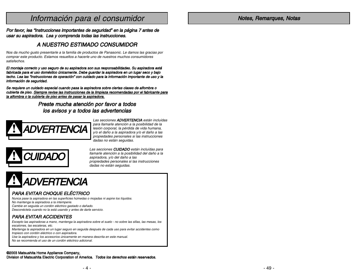 Panasonic MC-V5454 Manual del usuario | Página 4 / 52