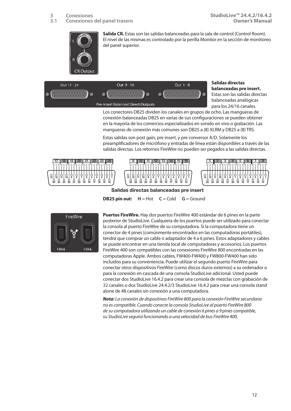 Salidas directas balanceadas pre insert | PreSonus StudioLive 24.4.2 Manual del usuario | Página 16 / 114