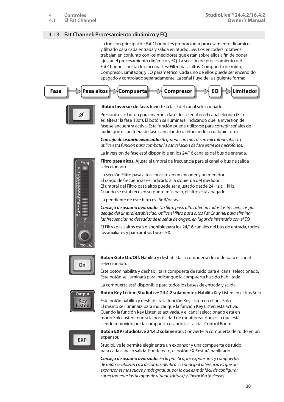 3 fat channel: procesamiento dinámico y eq, 3 fat channel: procesamiento, Dinámico y eq — 30 | PreSonus StudioLive 24.4.2 Manual del usuario | Página 34 / 114