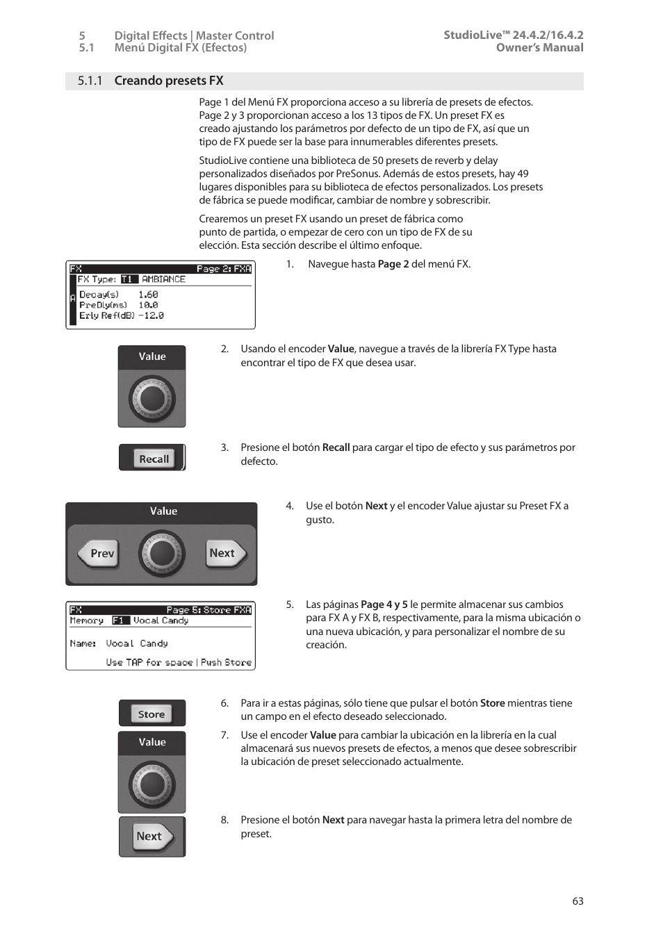 1 creando presets fx, 1 creando presets fx — 63 | PreSonus StudioLive 24.4.2 Manual del usuario | Página 67 / 114