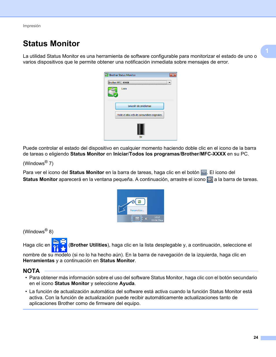 Status monitor, Nota | Brother DCP-1510 Manual del usuario | Página 31 / 161