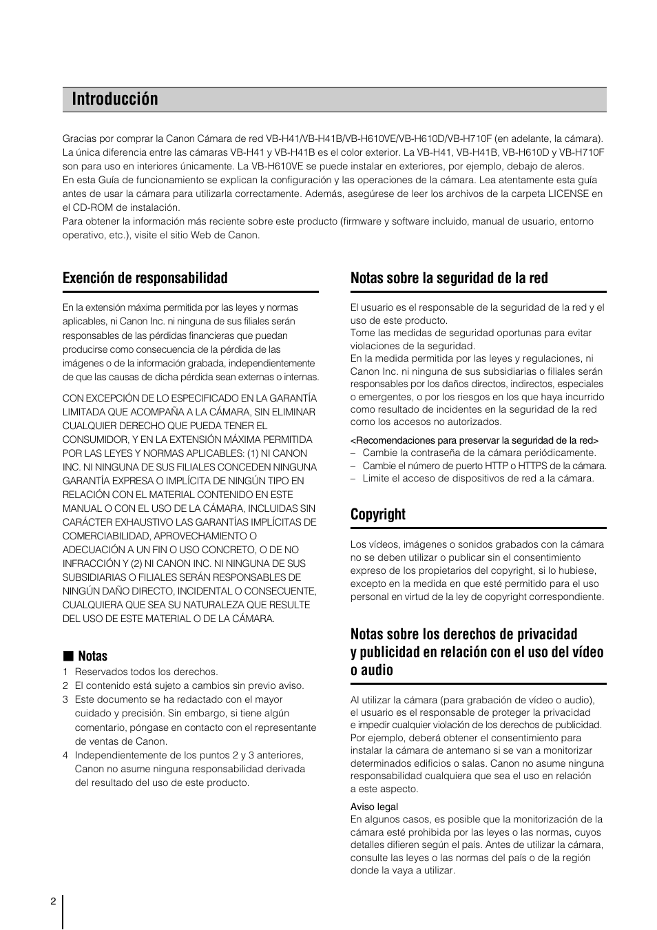 Introducción, Exención de responsabilidad, Notas sobre la seguridad de la red | Copyright, Notas | Canon VB-H41 Manual del usuario | Página 2 / 177