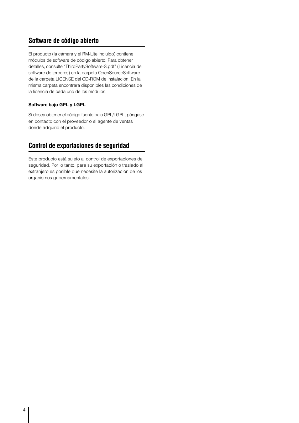 Software de código abierto, Control de exportaciones de seguridad | Canon VB-H41 Manual del usuario | Página 4 / 177