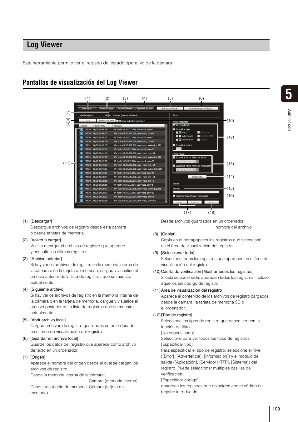 Log viewer, Pantallas de visualización del log viewer, P. 109) | Canon VB-S30D Manual del usuario | Página 109 / 176
