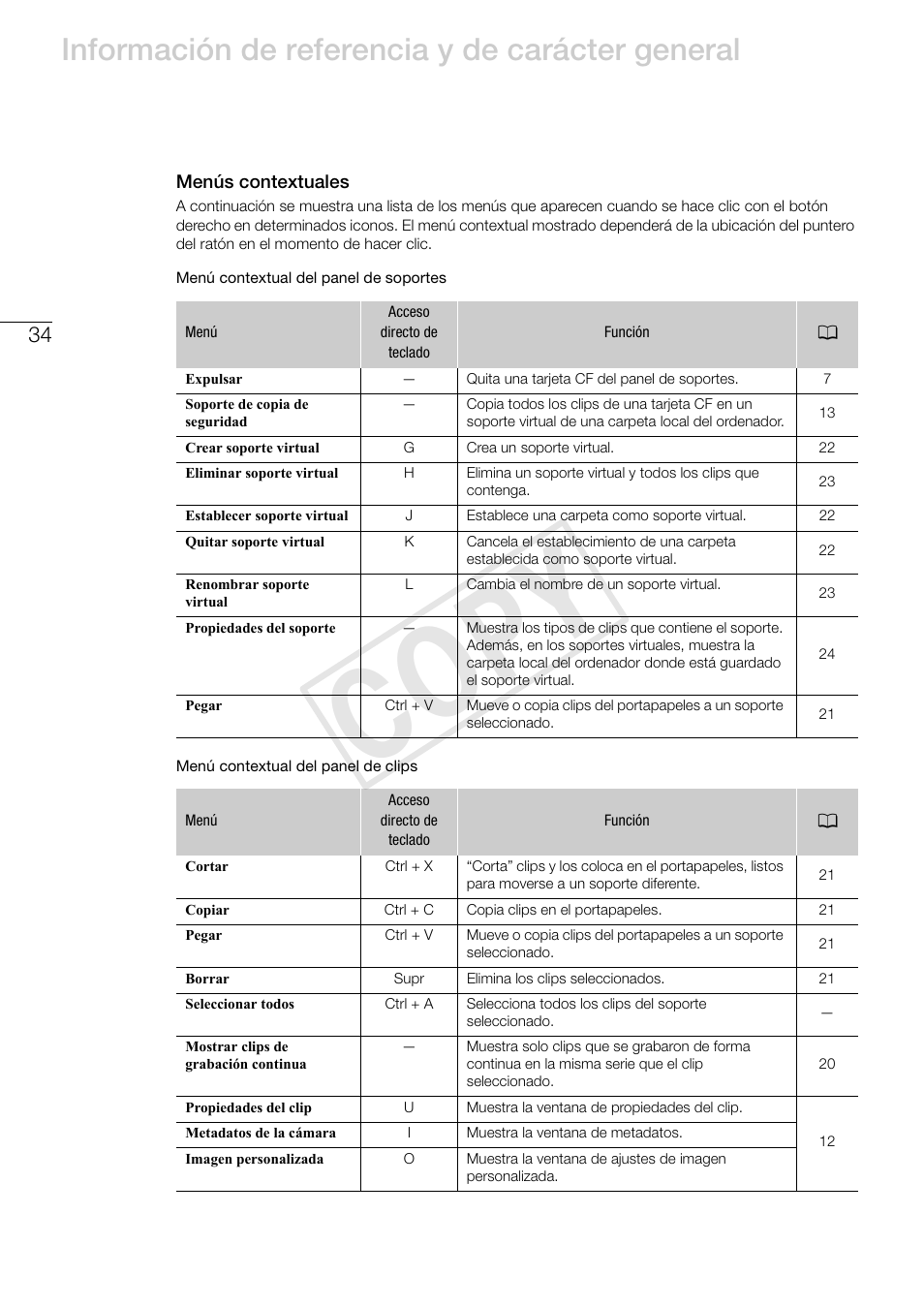 Menús contextuales, Cop y, Información de referencia y de carácter general | Canon XF300 Manual del usuario | Página 34 / 38