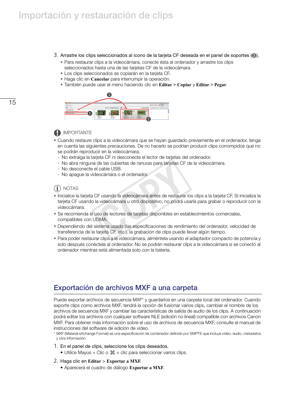 Exportación de archivos mxf a una carpeta, Cop y, Importación y restauración de clips | Canon XF305 Manual del usuario | Página 15 / 38