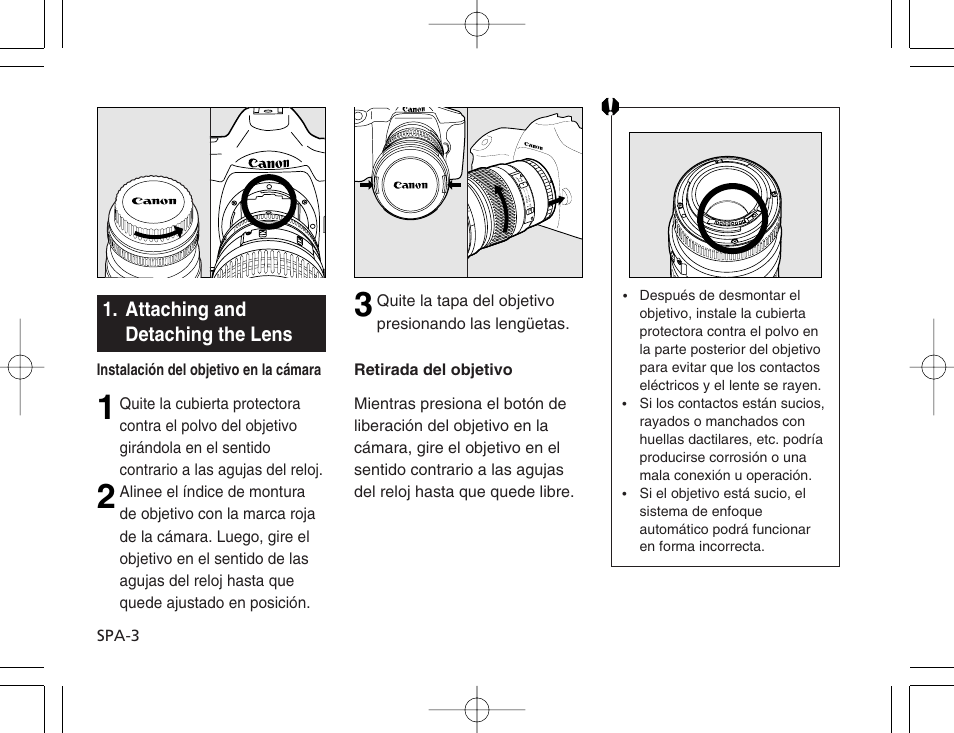 Attaching and detaching the lens | Canon EF 135mm f2L USM Manual del usuario | Página 4 / 12