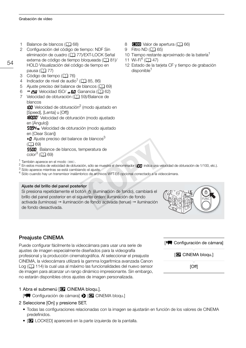 Preajuste cinema 54, Cop y | Canon EOS C300 PL Manual del usuario | Página 54 / 190
