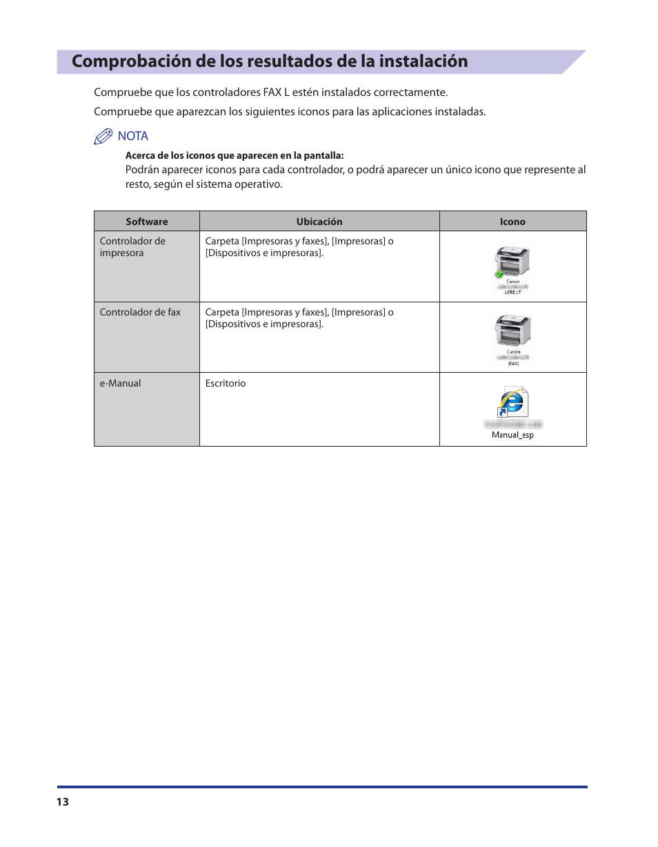Comprobación de los resultados de la instalación, Nota | Canon i-SENSYS FAX-L150 Manual del usuario | Página 14 / 19