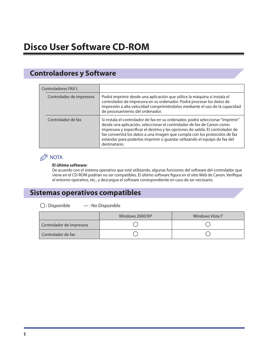 Disco user software cd-rom, Controladores y software, Sistemas operativos compatibles | Canon i-SENSYS FAX-L150 Manual del usuario | Página 2 / 19