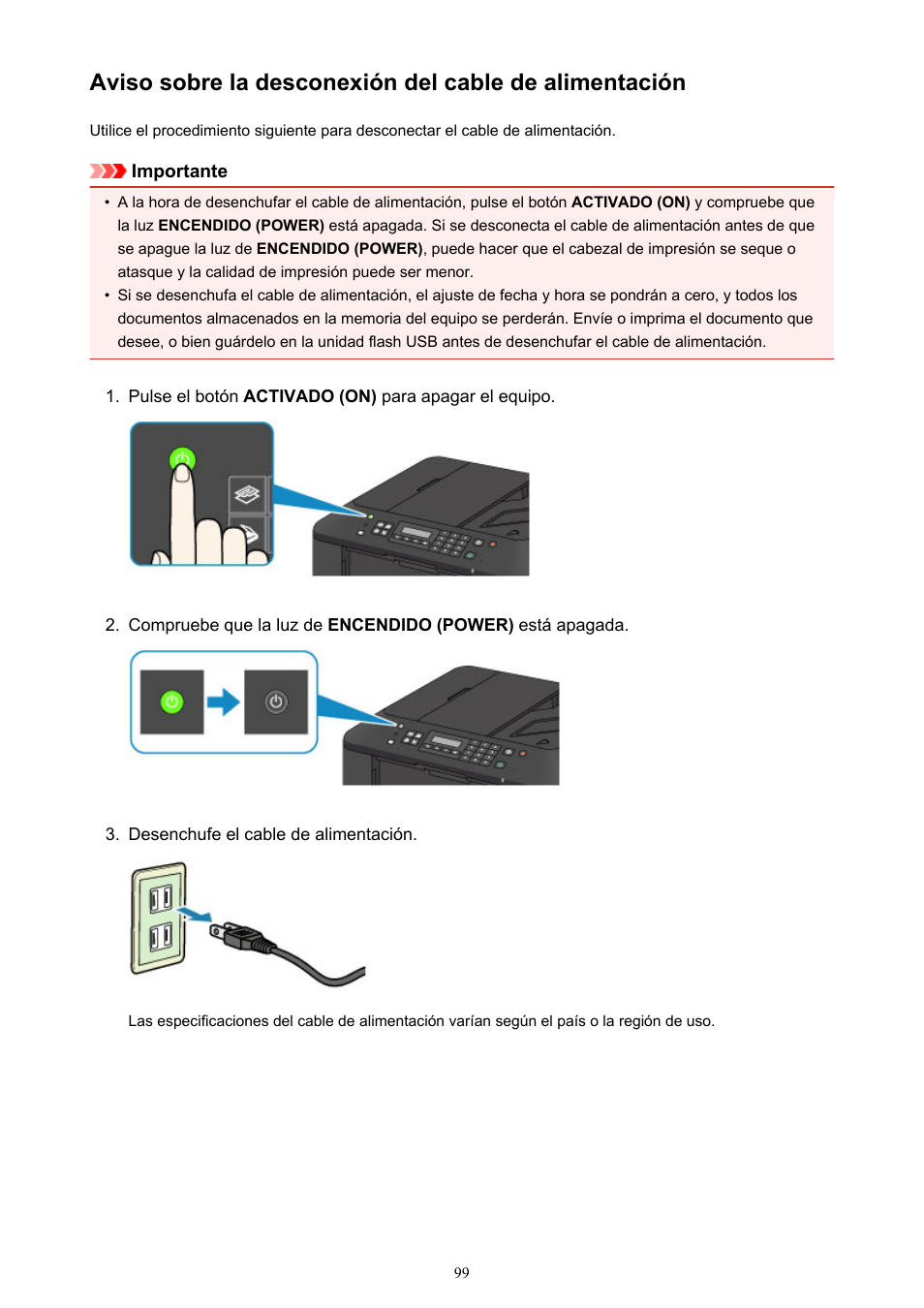 Desconecte el cable de alimentación, Tras apagar el | Canon PIXMA MX535 Manual del usuario | Página 99 / 821
