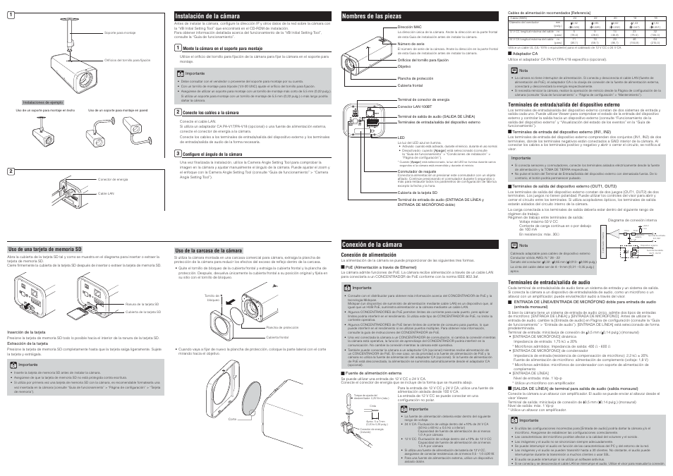 Nombres de las piezas, Instalación de la cámara, Conexión de la cámara | Canon VB-H710F Manual del usuario | Página 2 / 2