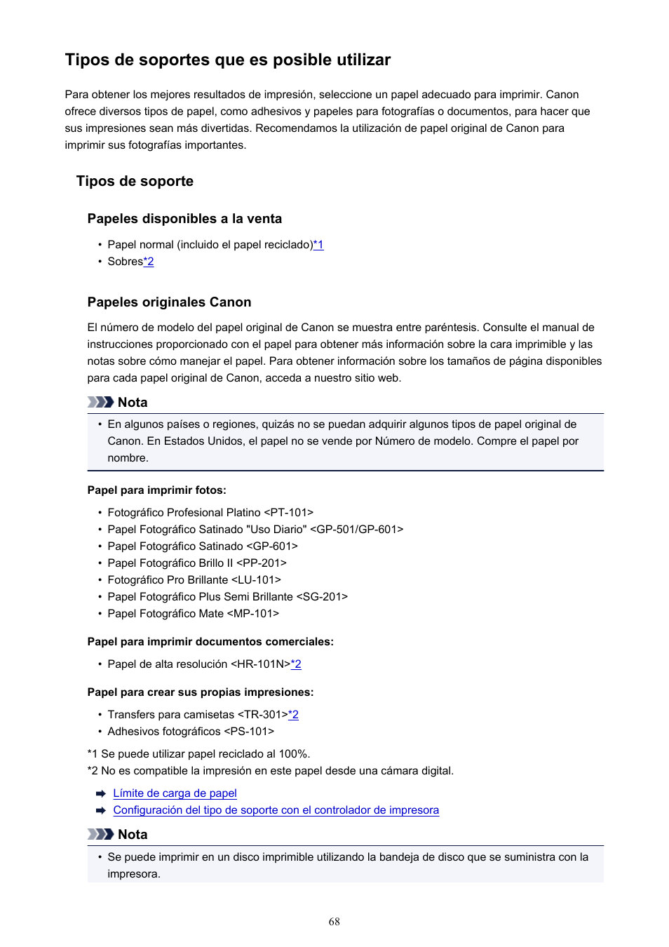 Tipos de soportes que es posible utilizar, Original, consulte, Tipos de soportes que es | Posible utilizar | Canon PIXMA iP8750 Manual del usuario | Página 68 / 421